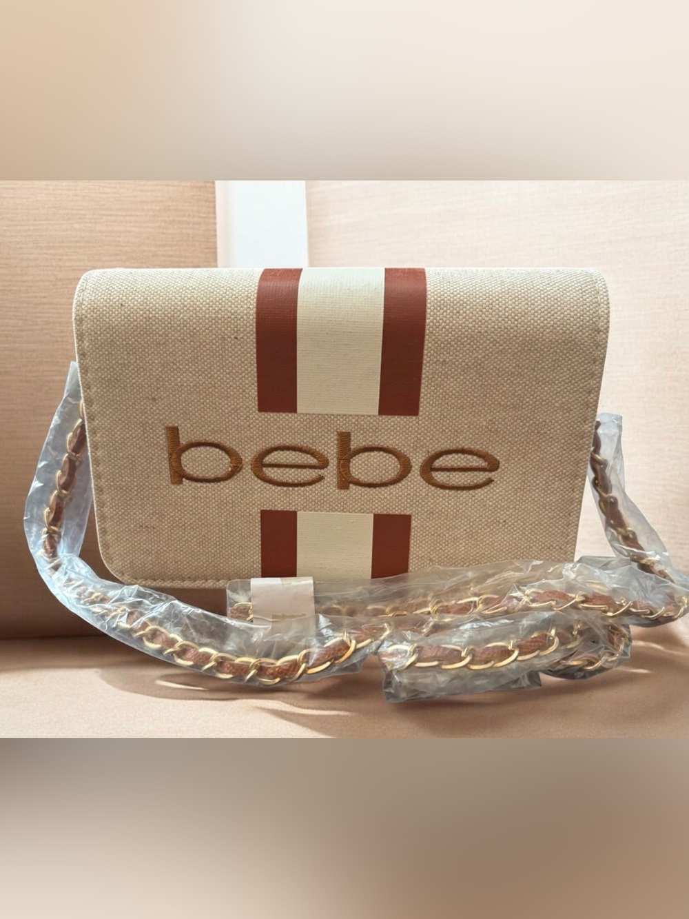 bebe Canvas Varsity Stripe Crossbody Shoulder Bag - Neutral/Caramel NWT